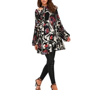 Free People Drift Away Black Print Cold Shoulder Tunic Top (XS)